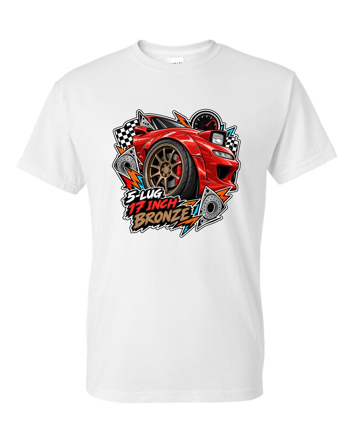 Gauge cluster print of a Mazda RX-7 FD3S boost needle with the text Boost Leak Somewhere white t-shirt front view with the design