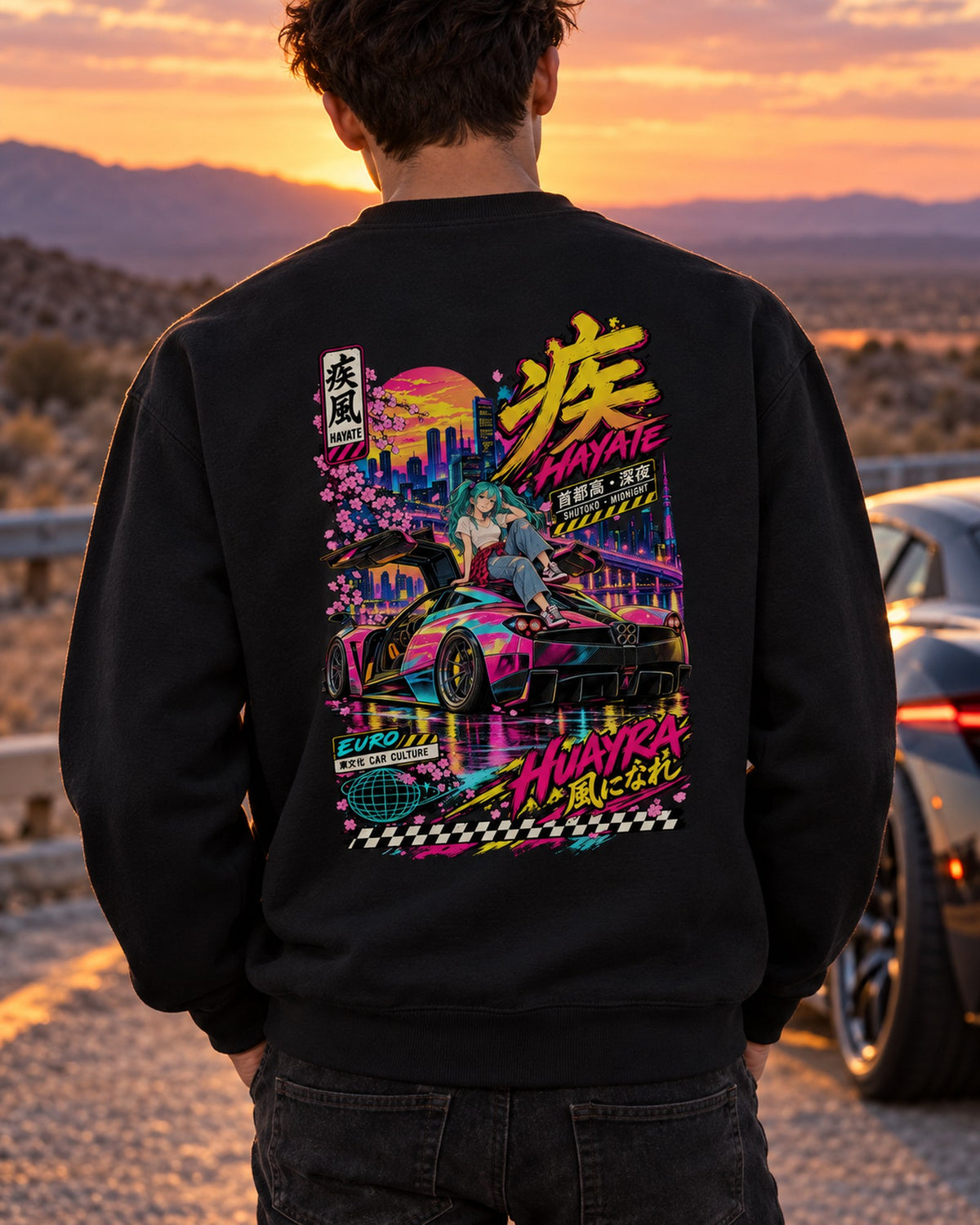 HAYATE HUAYRA Anime Girl Full-Back Graphic Tee Crewneck Black worn hero