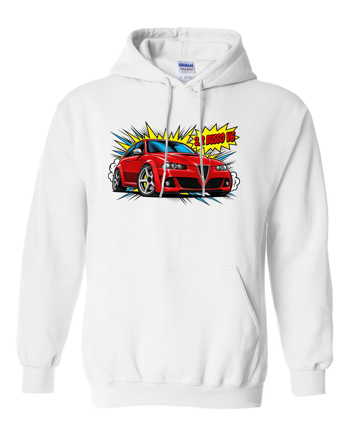 Comic halftone pop-art illustration of an Alfa Romeo 147 GTA with 3.2 Busso V6 text white pull over hoodie front view with the design