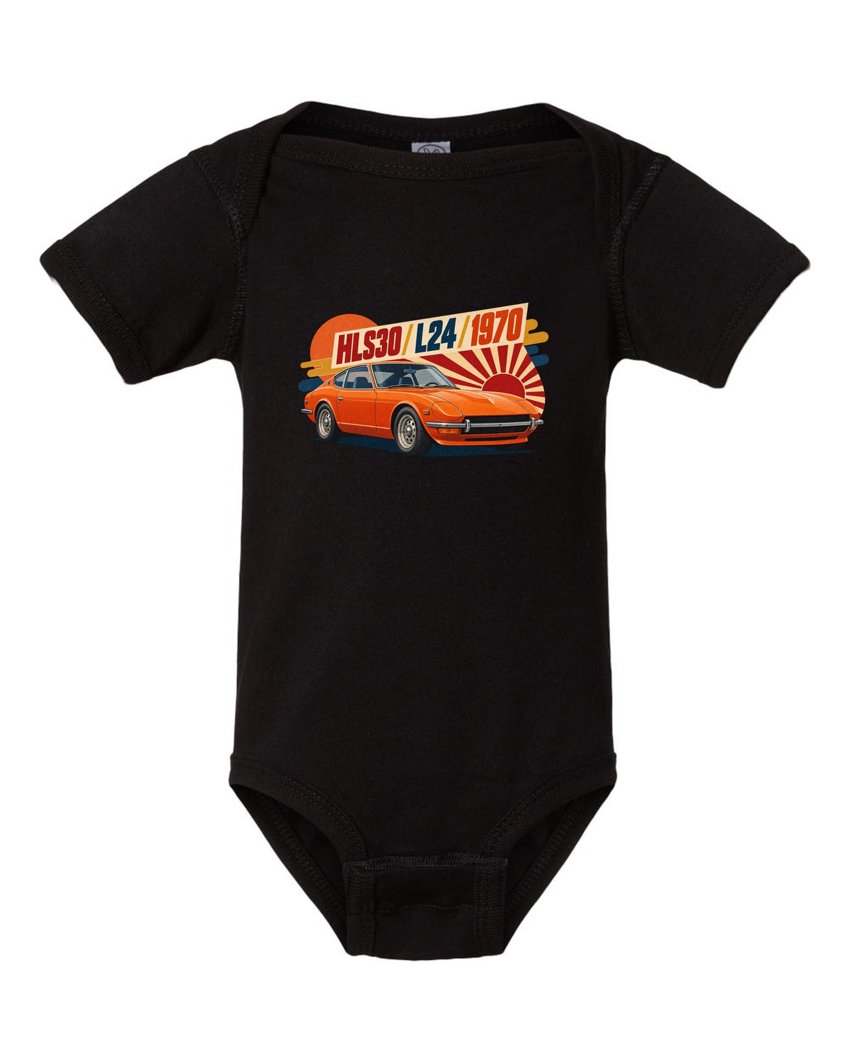 Retro Japanese showa catalogue ad of a 1970 Datsun 240Z HLS30 with L24 lettering black baby onesie front view with the design