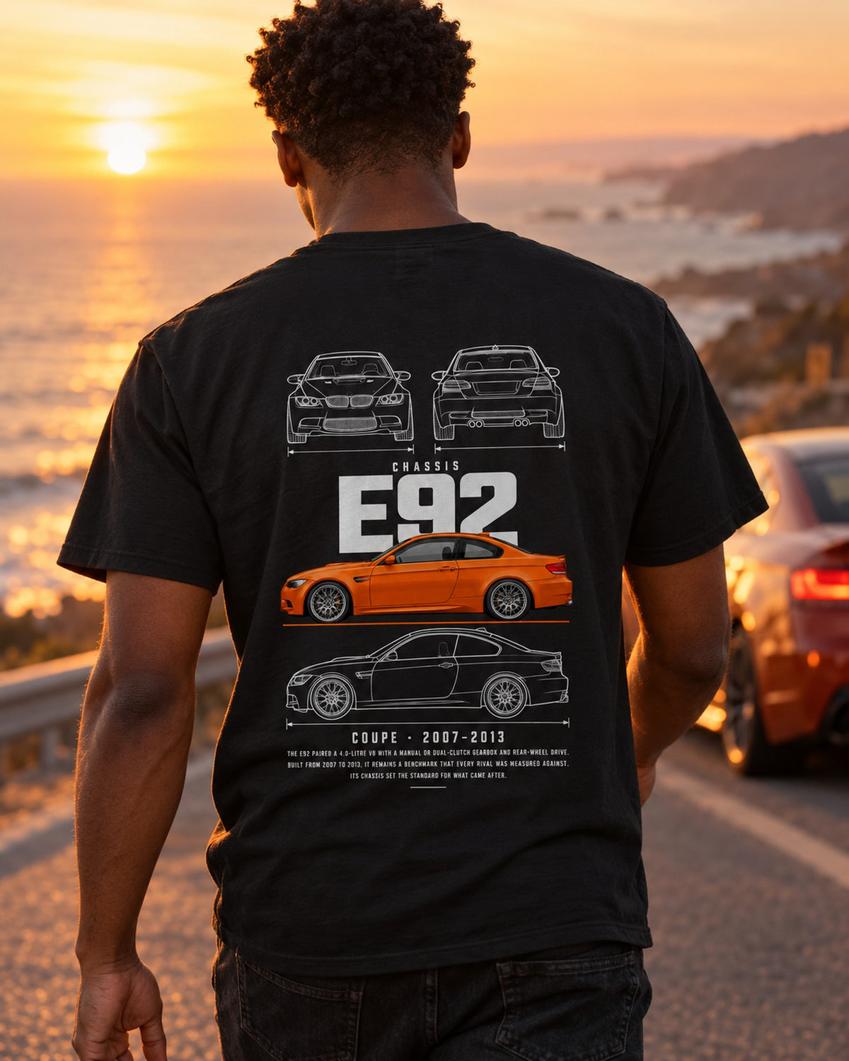 BMW E92 M3 coupe Blueprint Full-Back Graphic Tee, E92 Chassis Code T-Shirt Black worn hero