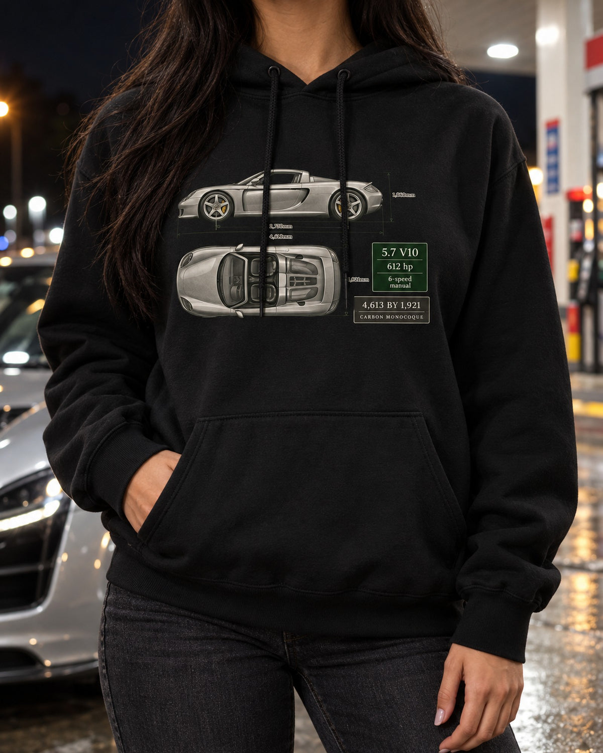 Porsche Carrera GT Top View Blueprint Tee, Carbon Monocoque Pull Over Hoodie Black worn hero