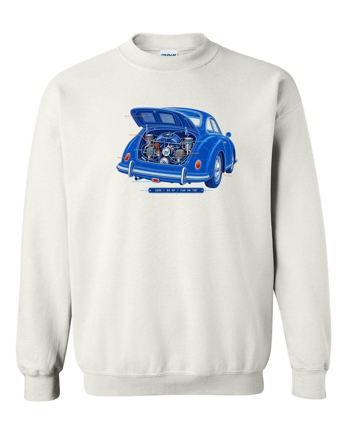 Linocut print of a 1978 Porsche 911 SC Targa in a night garage with the text SC Targa, 180 PS and 3.0 white crewneck front view with the design