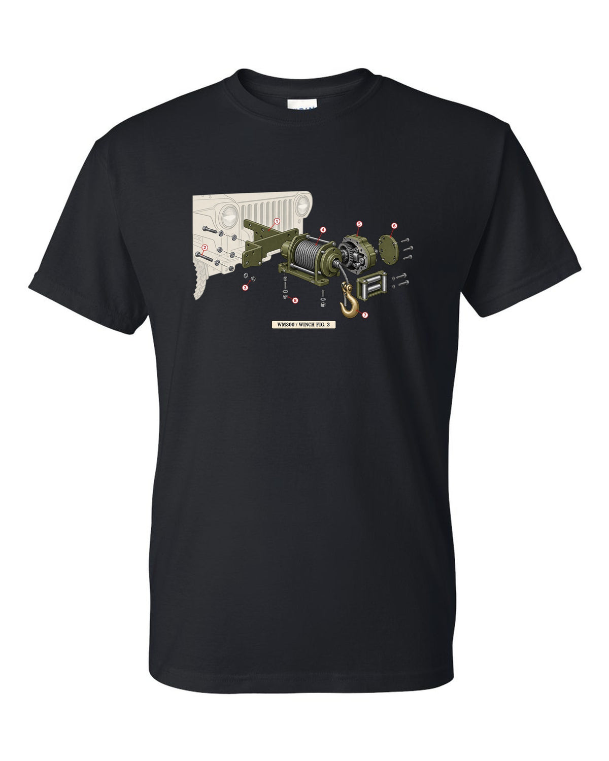 Exploded diagram print of a Dodge Power Wagon WM300 front winch labelled Fig. 3 black t-shirt front view with the design