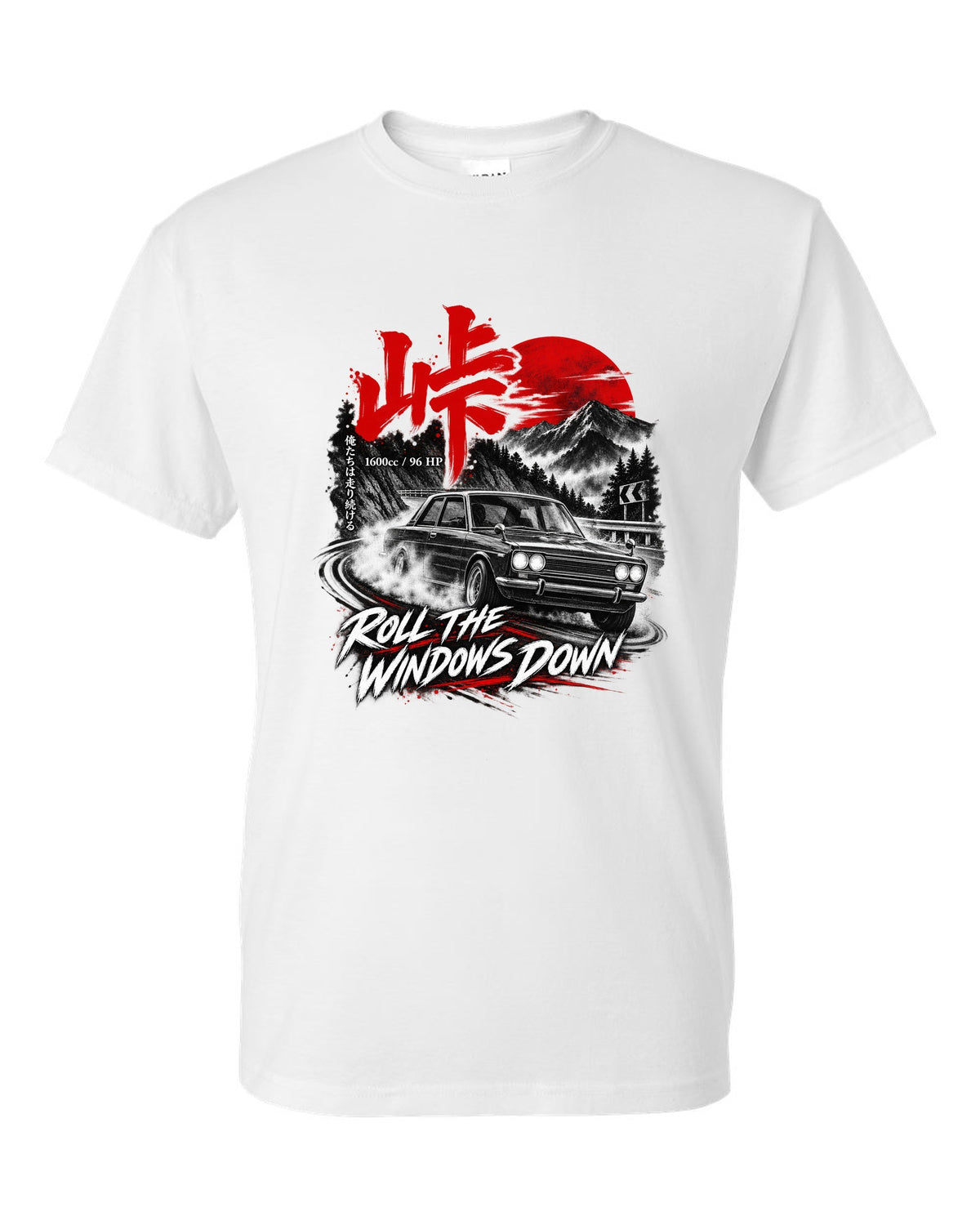 print of a Datsun 510 PL510 sedan on a mountain road at night with touge kanji white t-shirt front view with the design
