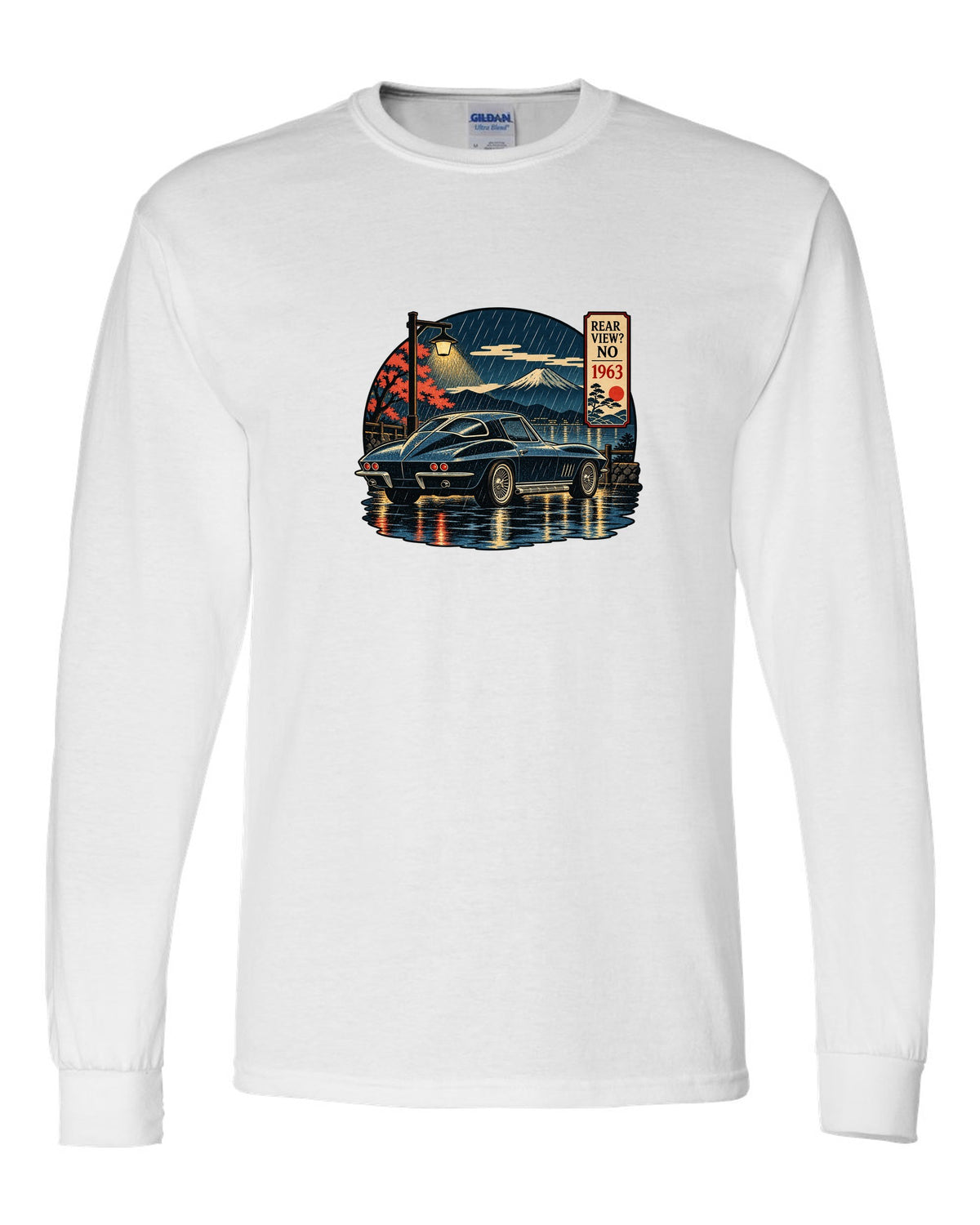 Ukiyo-e woodblock style print of a 1963 Chevrolet Corvette C2 Sting Ray coupe on a rainy night white long sleeve front view with the design