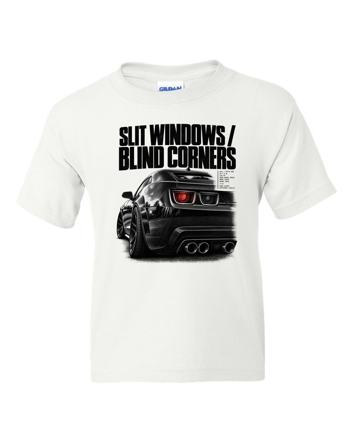 Rear three-quarter taillight print of a 2011 Chevrolet Camaro SS with slit windows text white kids tee front view with the design