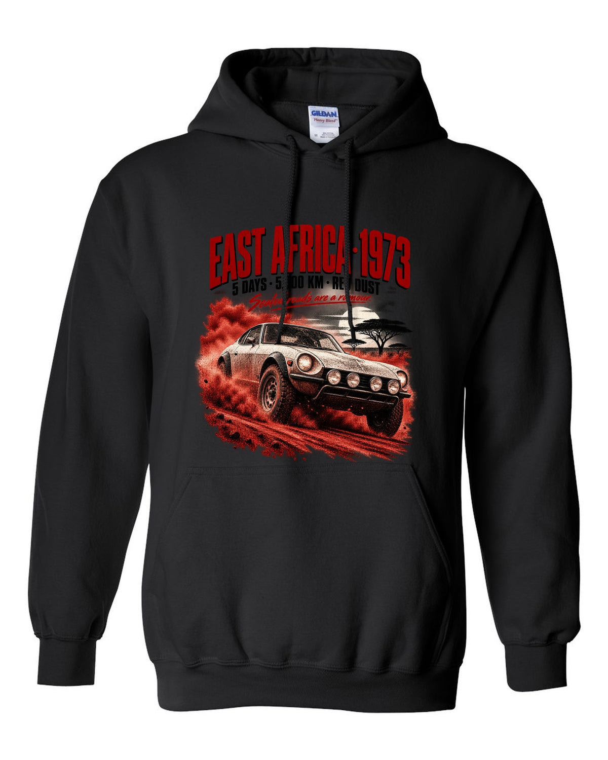 Rally poster print of a 1973 Datsun 240Z S30 rally car for East Africa black pull over hoodie front view with the design