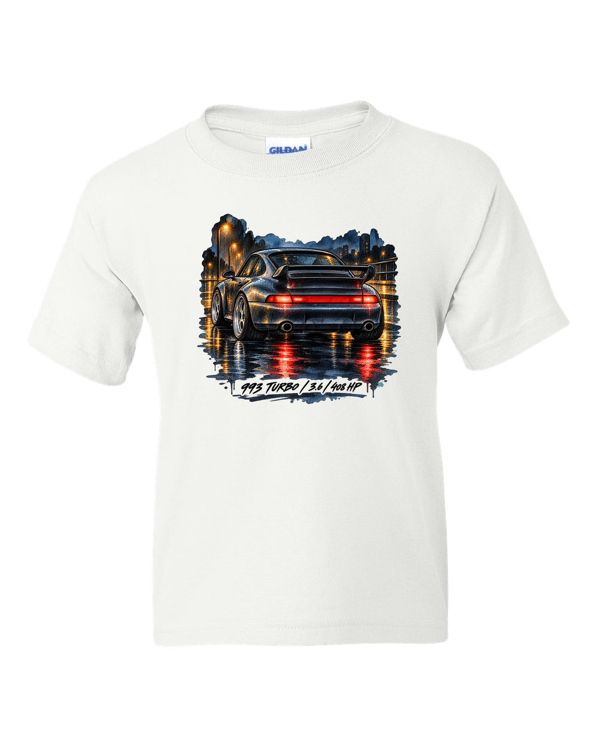 Spec sheet data plate design for the 1978 Porsche 911 Turbo 3.3 930 white kids tee front view with the design