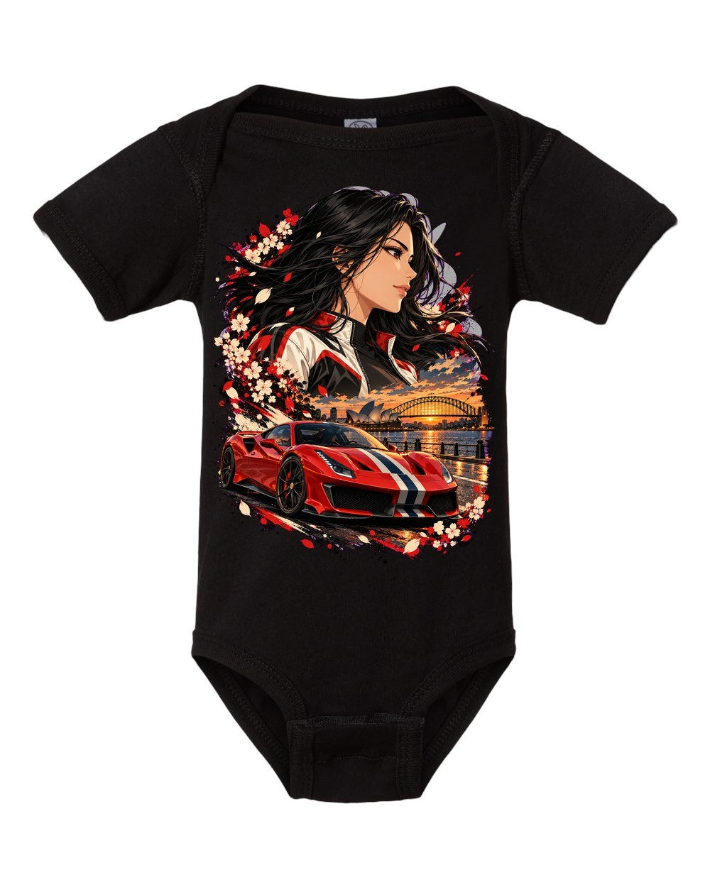 Ferrari 488 Pista Anime Girl Baby Onesie Black front