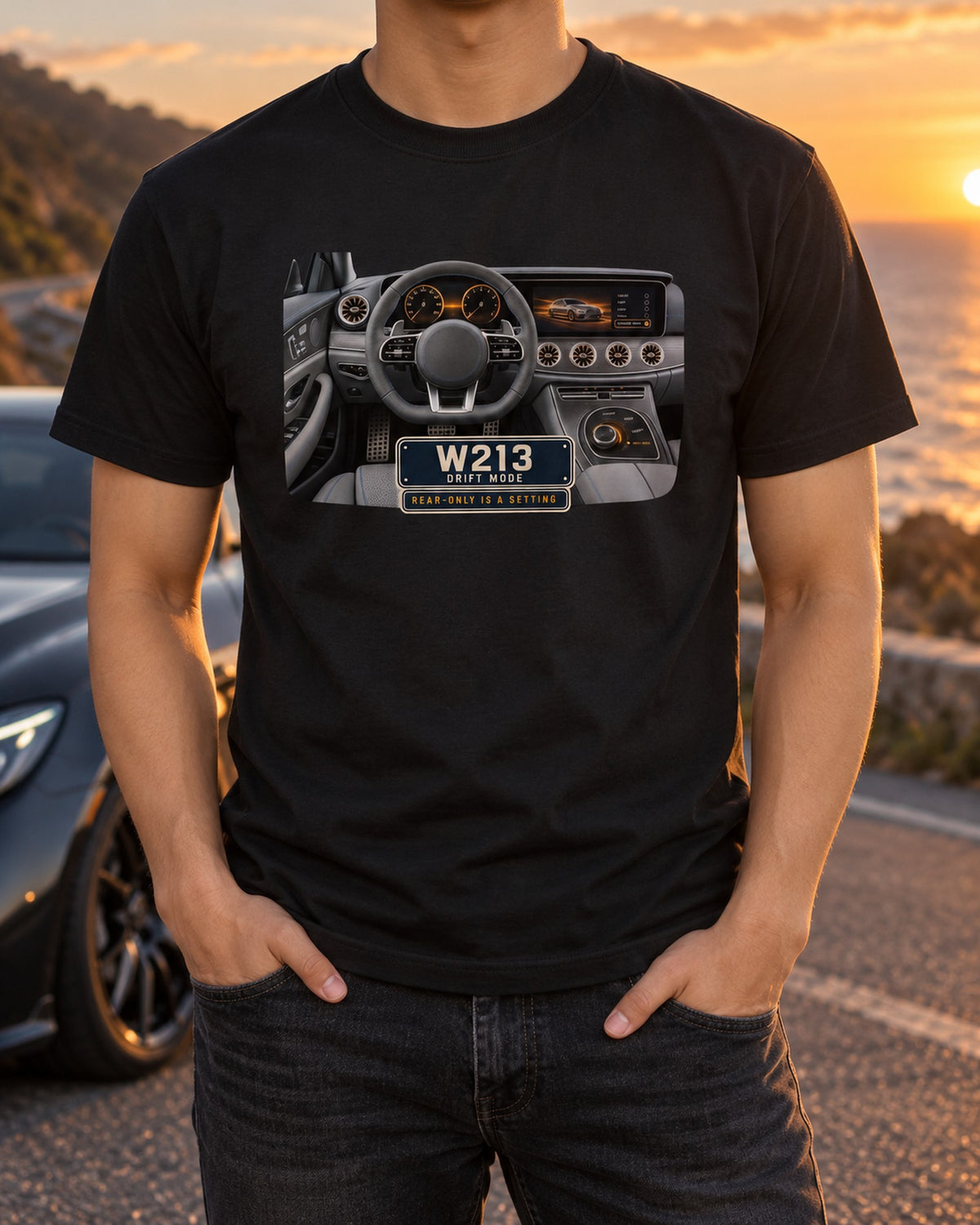 W213 Mercedes-AMG E63 Drift Mode Cockpit Shirt, Rear-Drive Car Tee T-Shirt Black worn hero