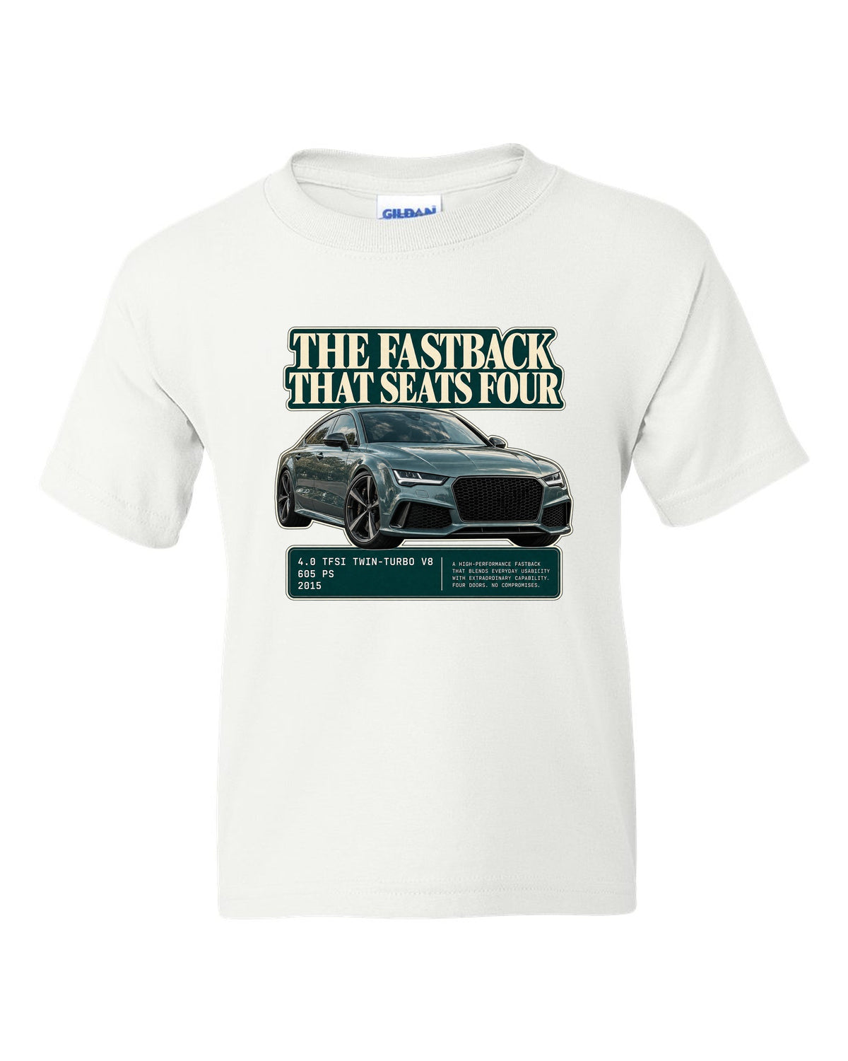 Audi RS7 Sportback C7 editorial headline print on a tee white kids tee front view with the design