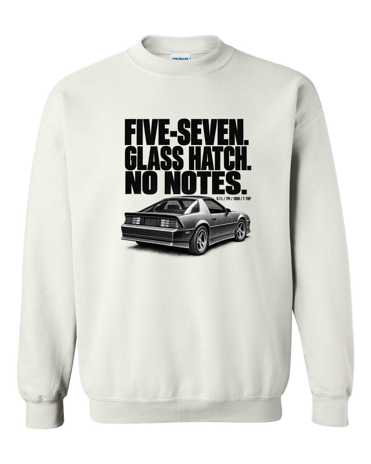 Halftone print of a 1989 Chevrolet Camaro IROC-Z glass ch with five-seven text white crewneck front view with the design
