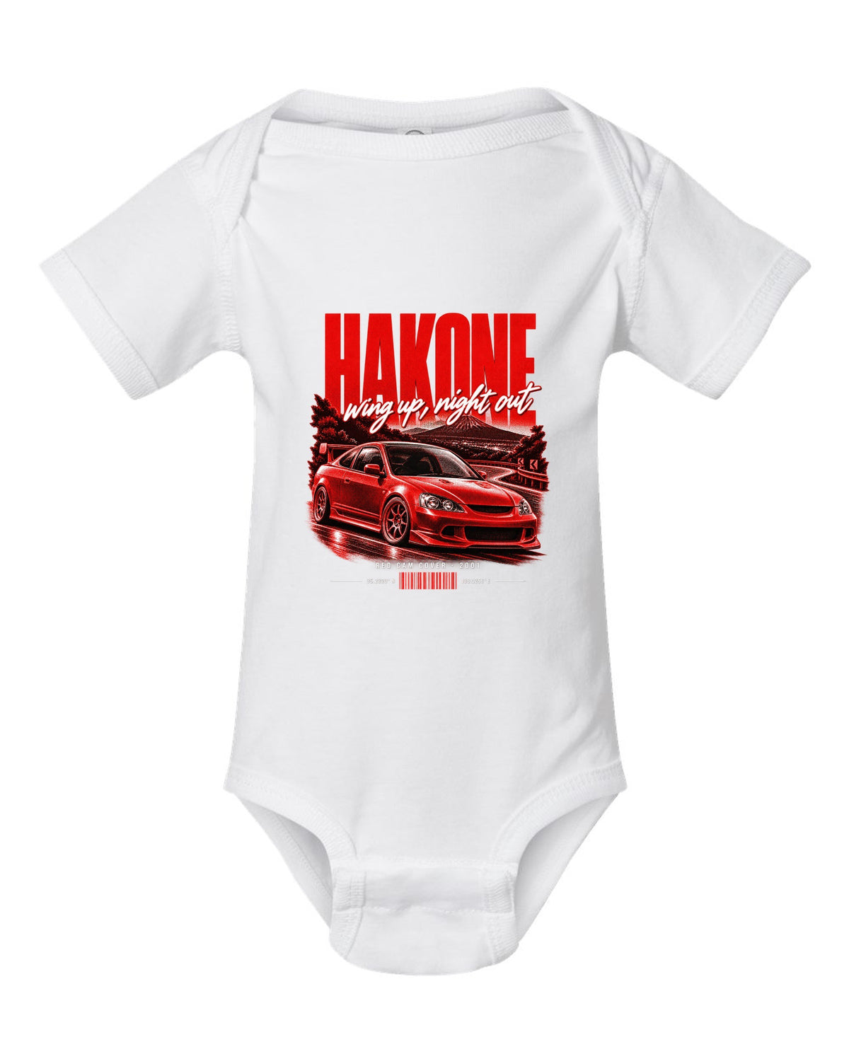 Honda Integra DC5 Type R chback street poster with Hakone and red cam cover text white baby onesie front view with the design