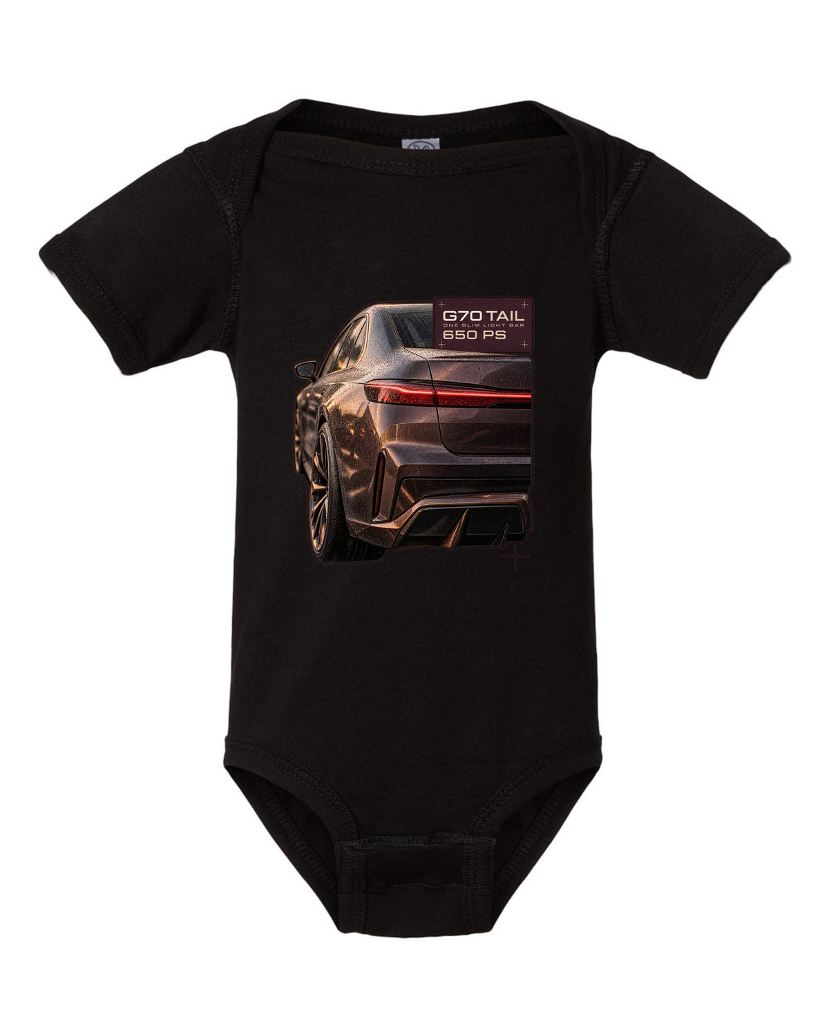 Macro print of the slim taillight bar on a BMW i7 M70 xDrive G70 black baby onesie front view with the design