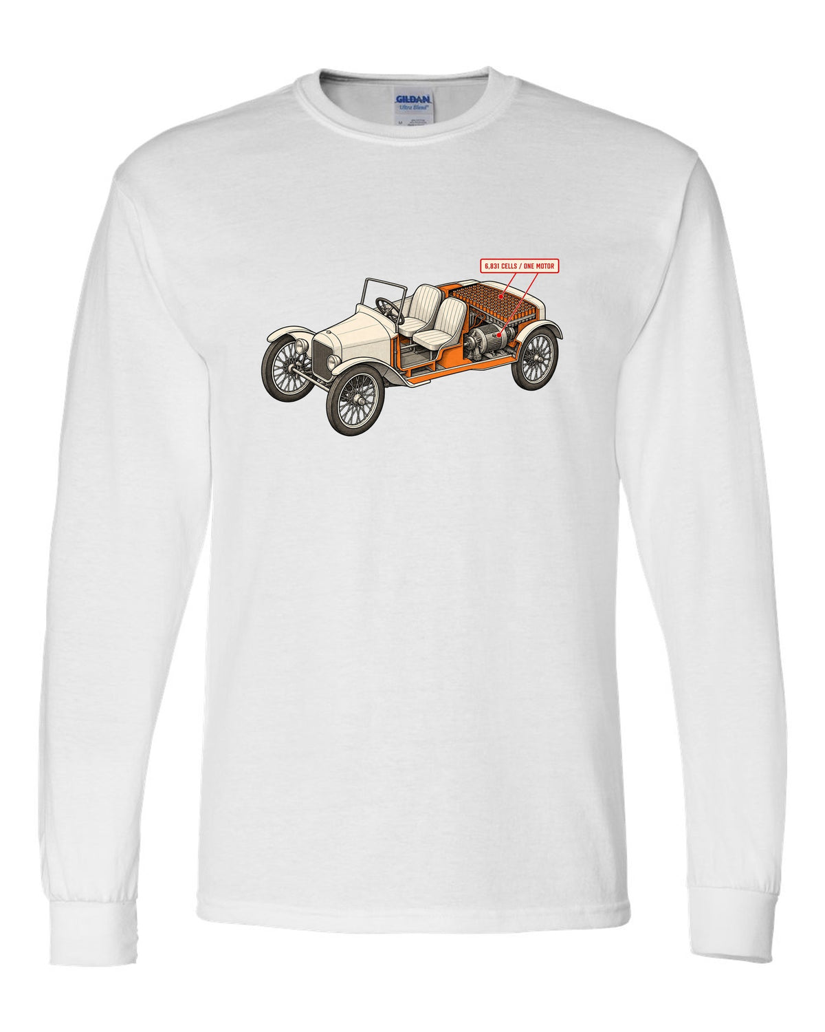 Isometric cutaway diagram print of a Tesla Roadster Gen 1 reading 6,831 Cells One Motor white long sleeve front view with the design
