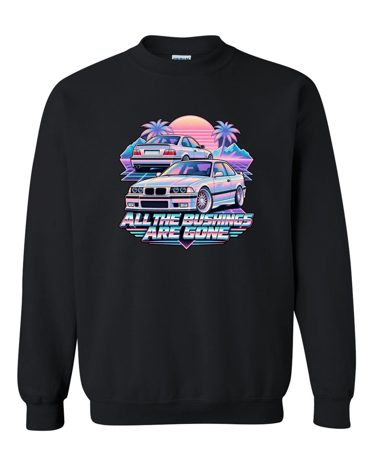 Vaporwave print of a BMW E36 M3 taillight with all the bushings are gone text black crewneck front view with the design