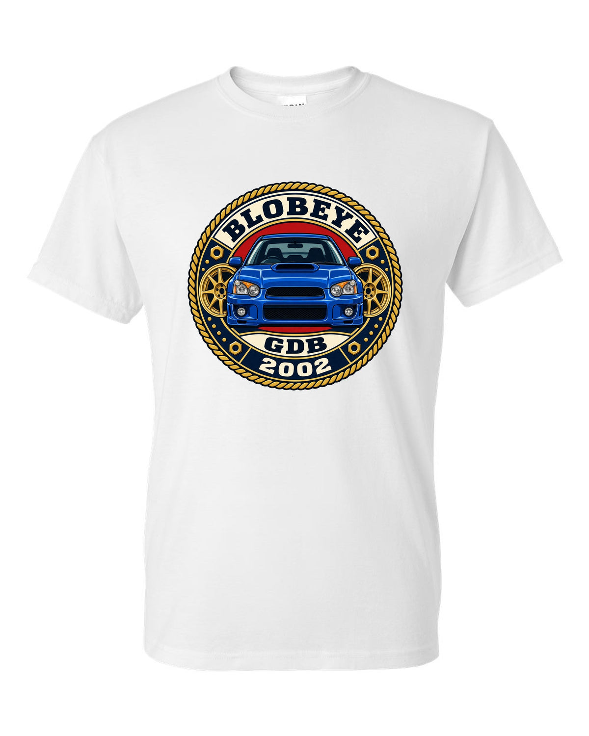 Subaru Impreza WRX GDB Blobeye round varsity crest print, BLOBEYE / GDB / 2002 white t-shirt front view with the design