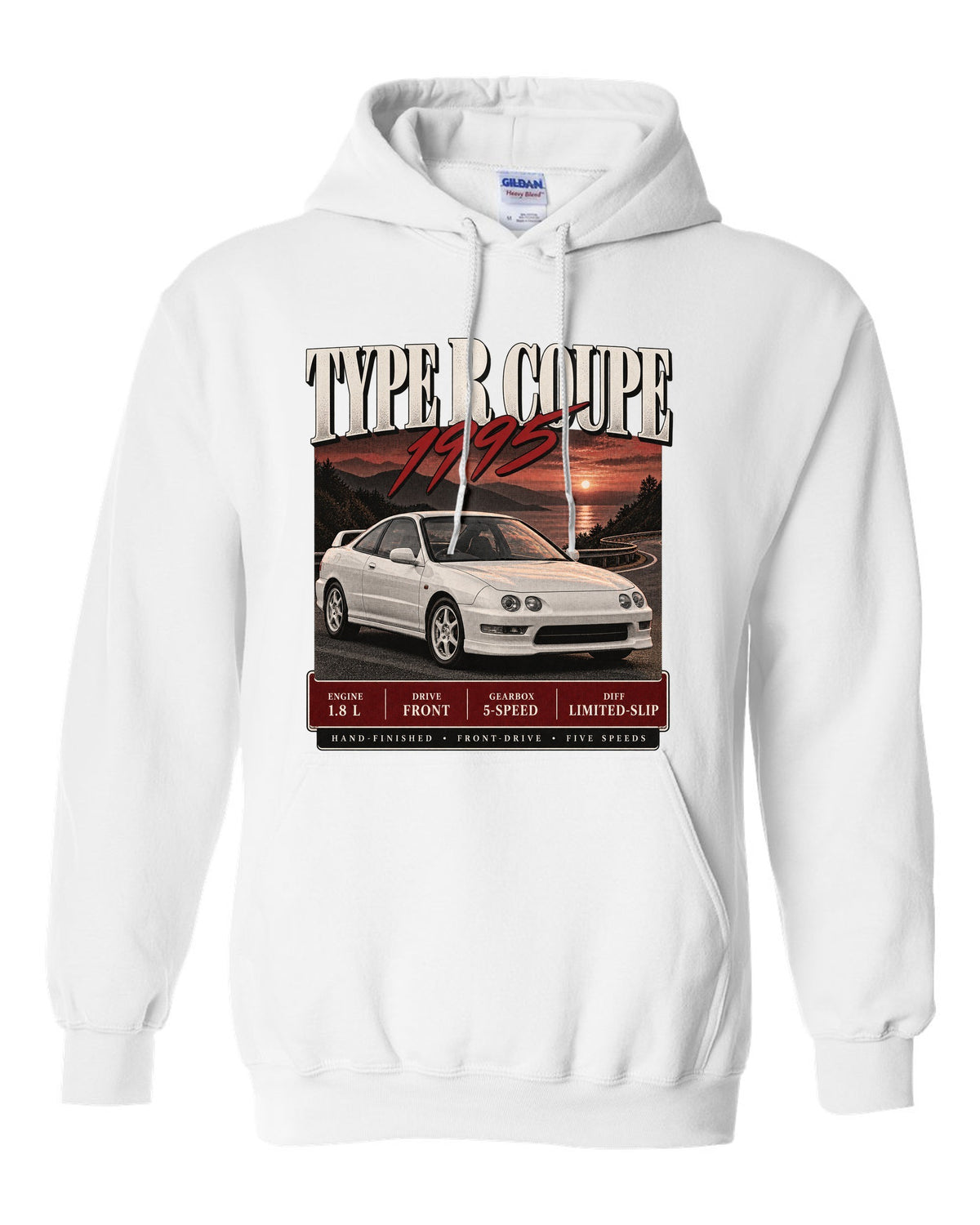 Honda Integra DC2 Type R coupe archive panel design labelled The Teg white pull over hoodie front view with the design