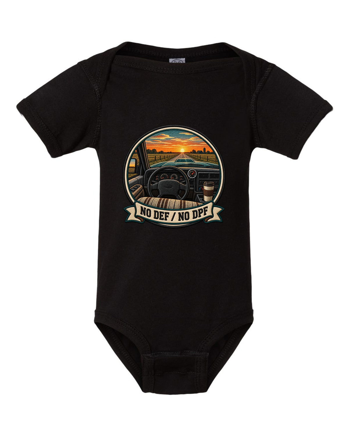 Varsity crest design of a 1998.5-2002 Dodge Ram 2nd gen 24V cab interior with the words No DEF No DPF black baby onesie front view with the design