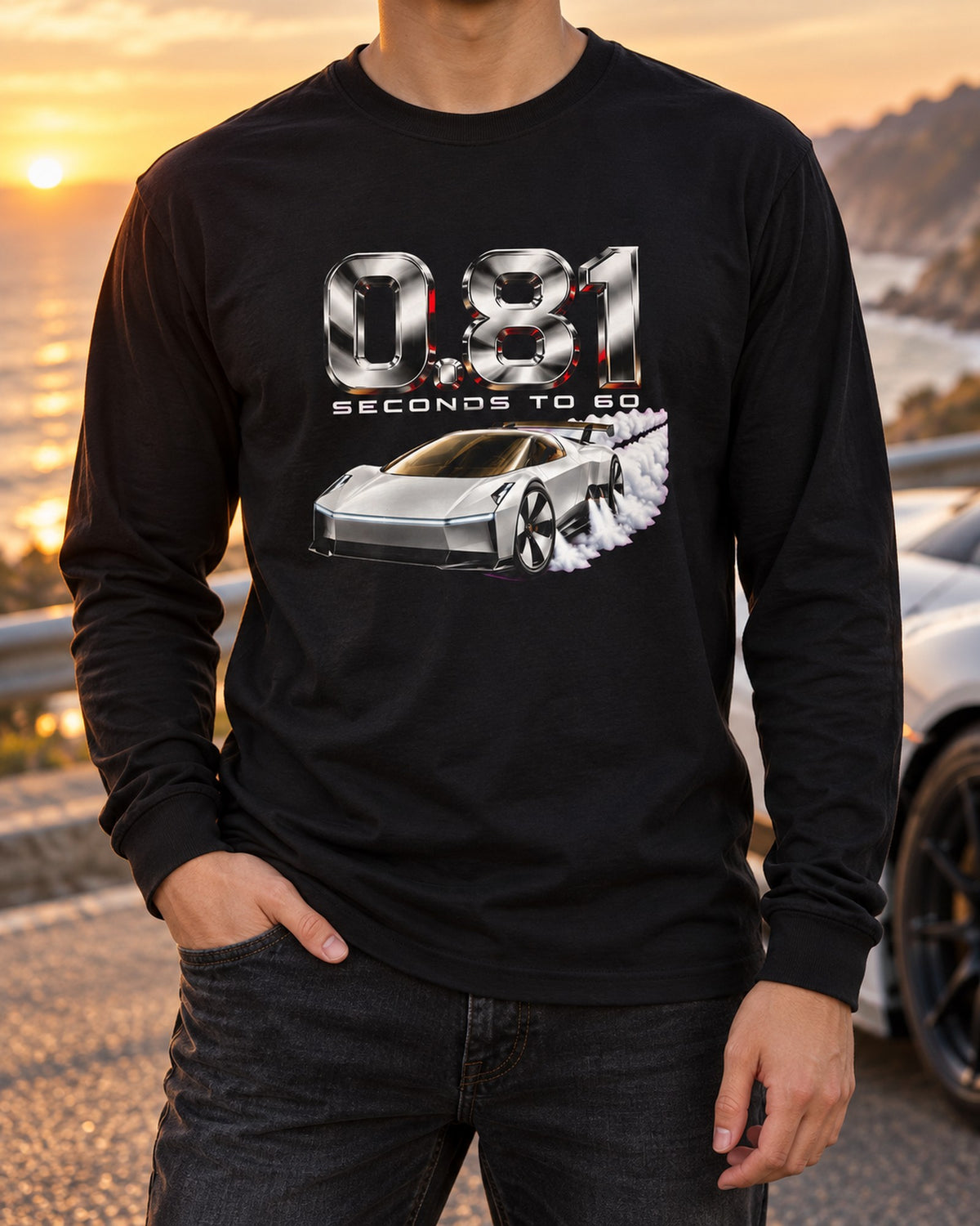Tesla Roadster 0.81 Seconds Shirt, Hoodie & More Long Sleeve Black worn hero