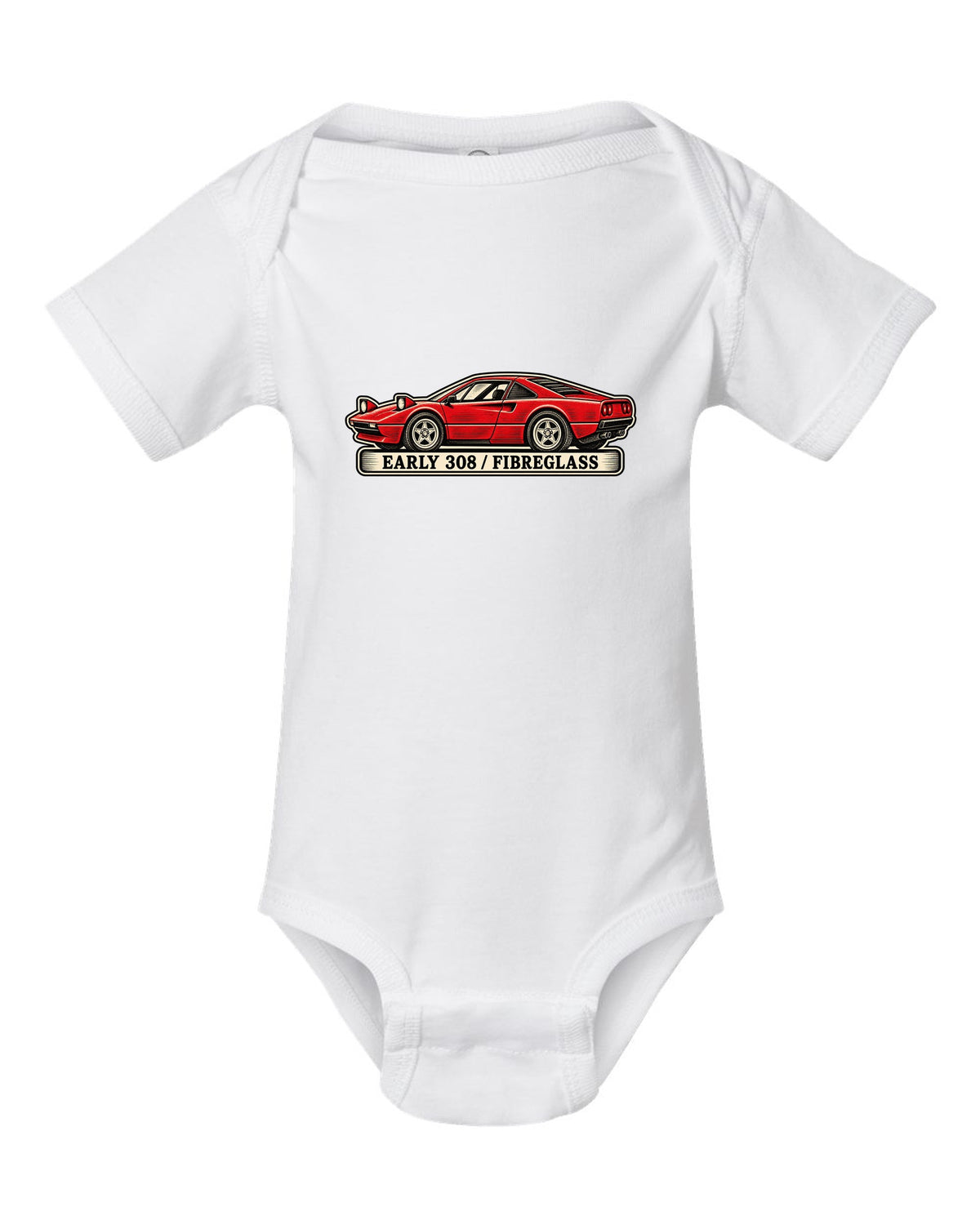 Linocut woodcut style print of an early 1975 Ferrari 308 GTB with the text early 308 fibreglass white baby onesie front view with the design