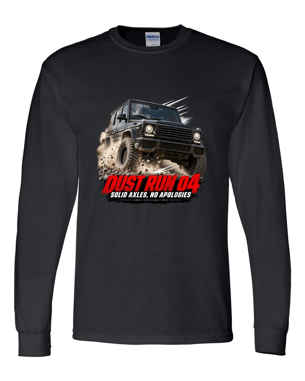 Race poster print of a Mercedes G63 AMG W463 with Dust Run 04 Solid Axles lettering black long sleeve front view with the design