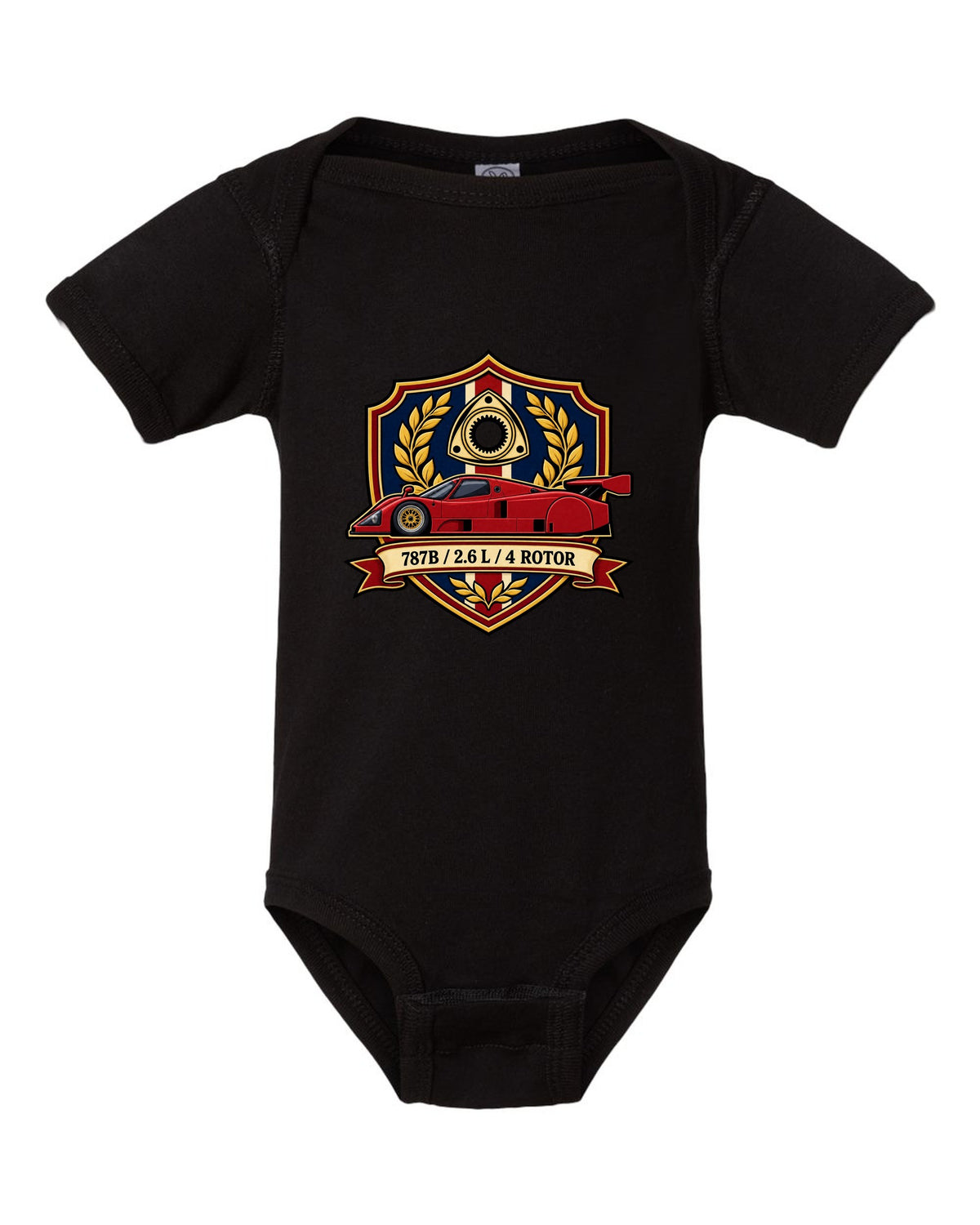 Comic halftone pop art design of the Mazda 787B with R26B SCREAMS / 9000 RPM lettering black baby onesie front view with the design