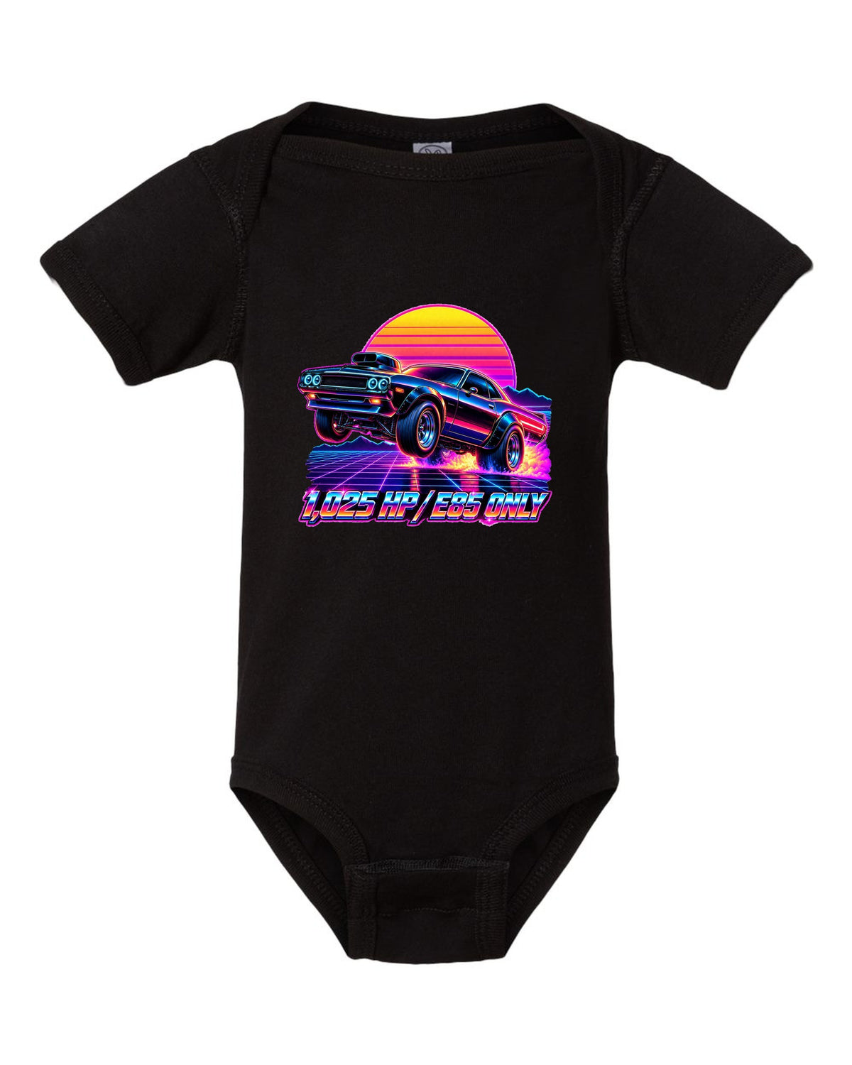 2023 Dodge Challenger Demon 170 synthwave neon outrun print with 1,025 HP E85 Only text black baby onesie front view with the design