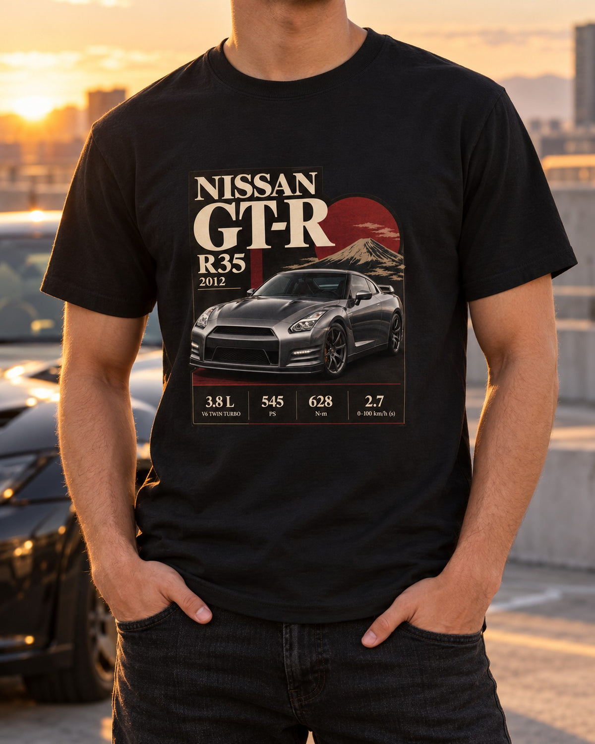 R35 GT-R 2013 Track Edition Dossier Shirt, Recaro Front Seats T-Shirt Black worn hero