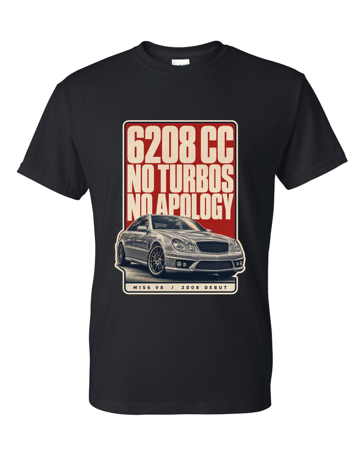 Mercedes-AMG C63 W204 sedan with editorial headline in silver-grey black t-shirt front view with the design
