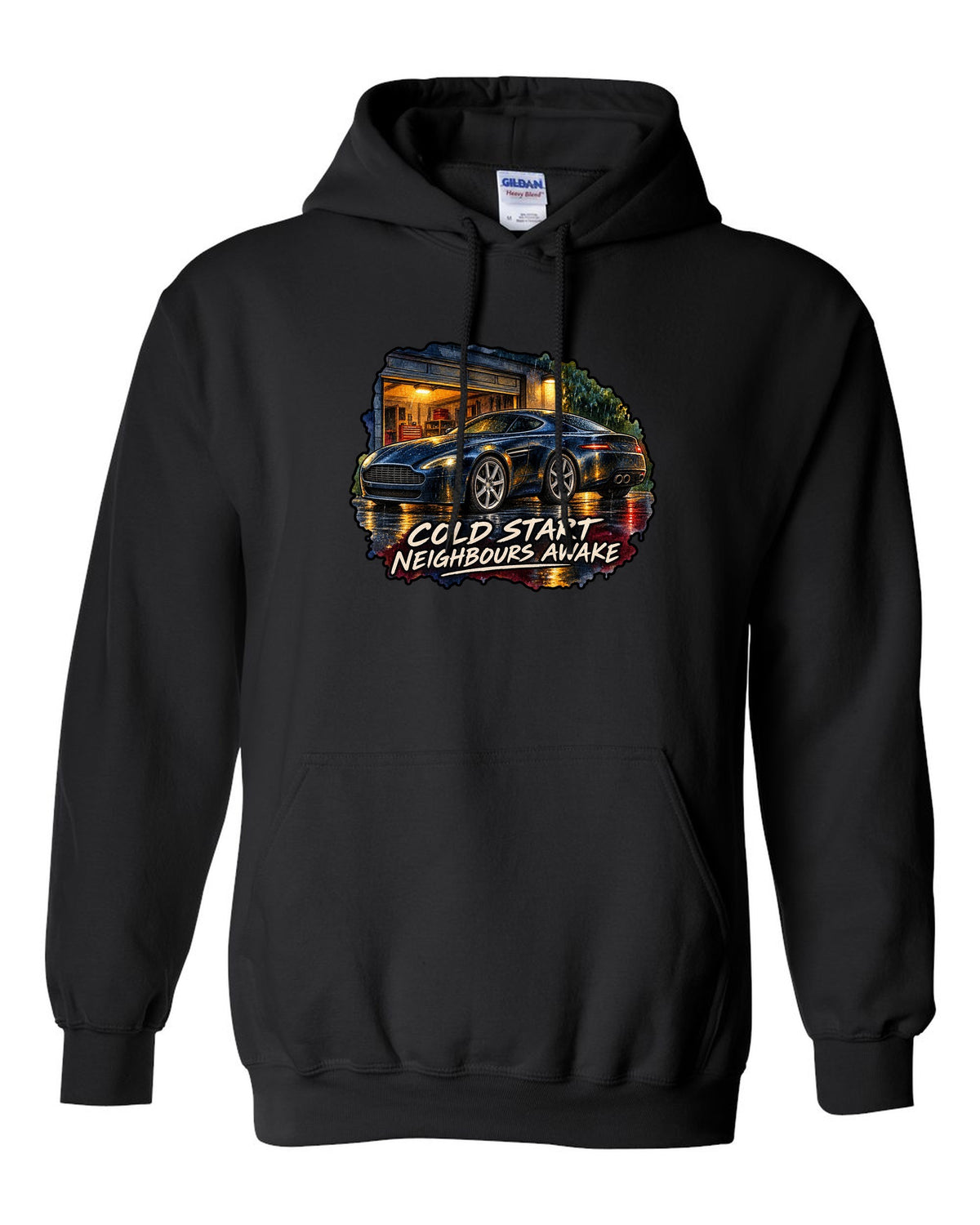 Aston Martin V8 Vantage watercolour wet-road night with COLD START NEIGHBOURS AWAKE black pull over hoodie front view with the design