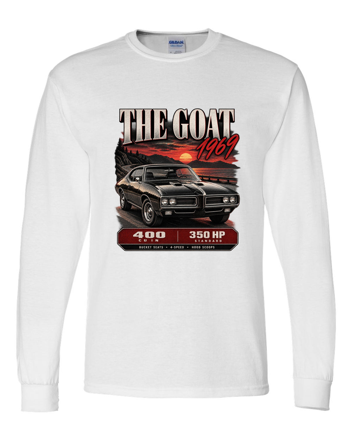 1969 Pontiac GTO archive panel print with 400 cu in spec callouts white long sleeve front view with the design