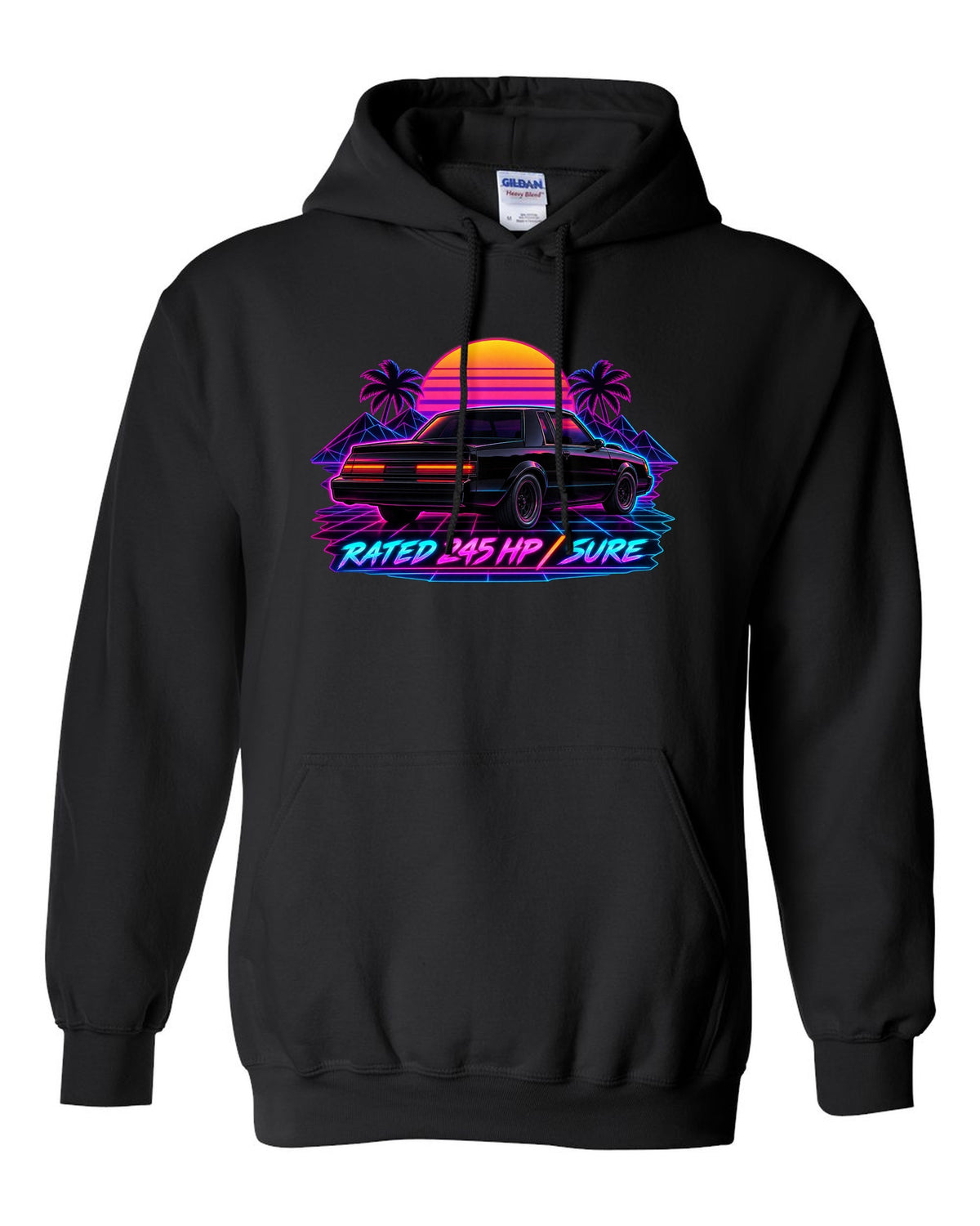 Synthwave print of 1987 Buick Grand National taillights with the text Rated 245 HP, Sure black pull over hoodie front view with the design