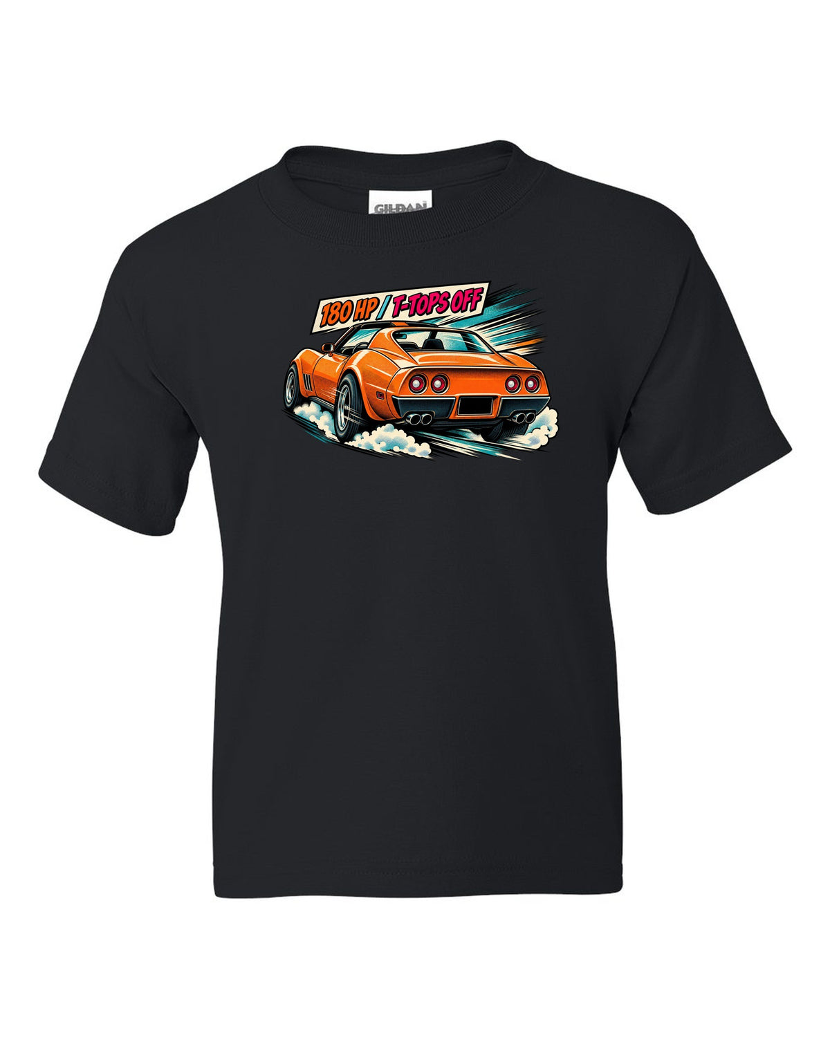 Retro manga halftone panel print of 1977 Chevrolet Corvette C3 Stingray taillights with 180 HP T-Tops Off text black kids tee front view with the design
