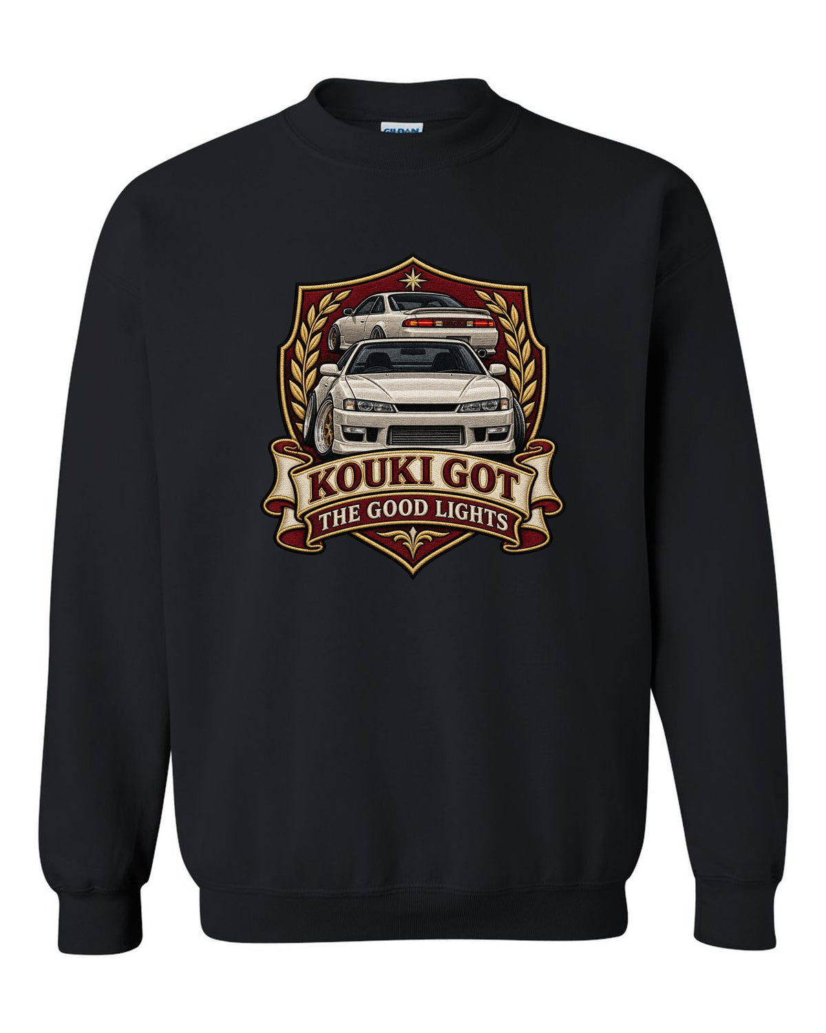 Embroidered shield crest print for the Nissan Silvia S14 kouki reading Kouki Got the Good Lights black crewneck front view with the design