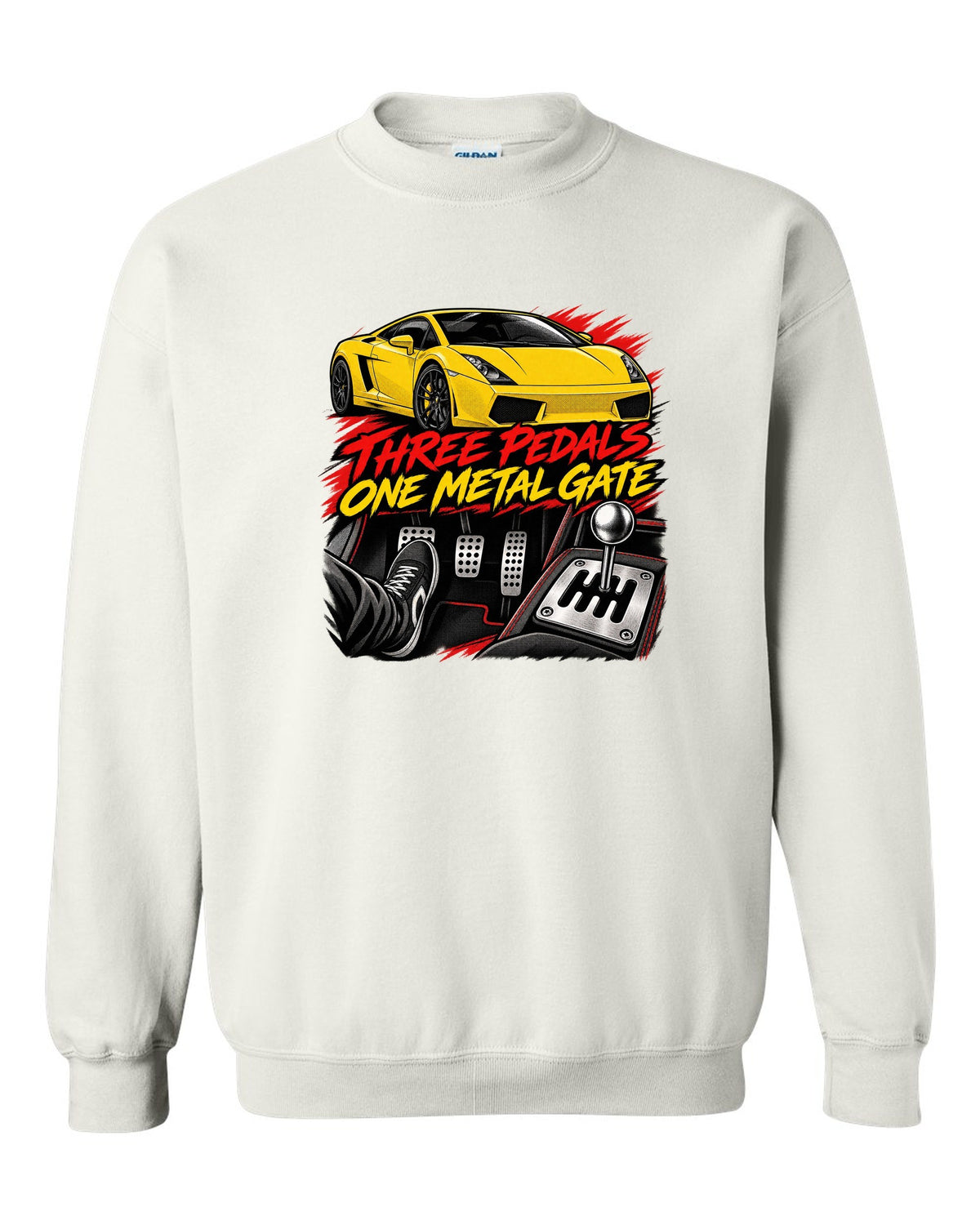 Retro black-ink manga panel of a Lamborghini Gallardo coupe with a gated six-speed manual shifter white crewneck front view with the design