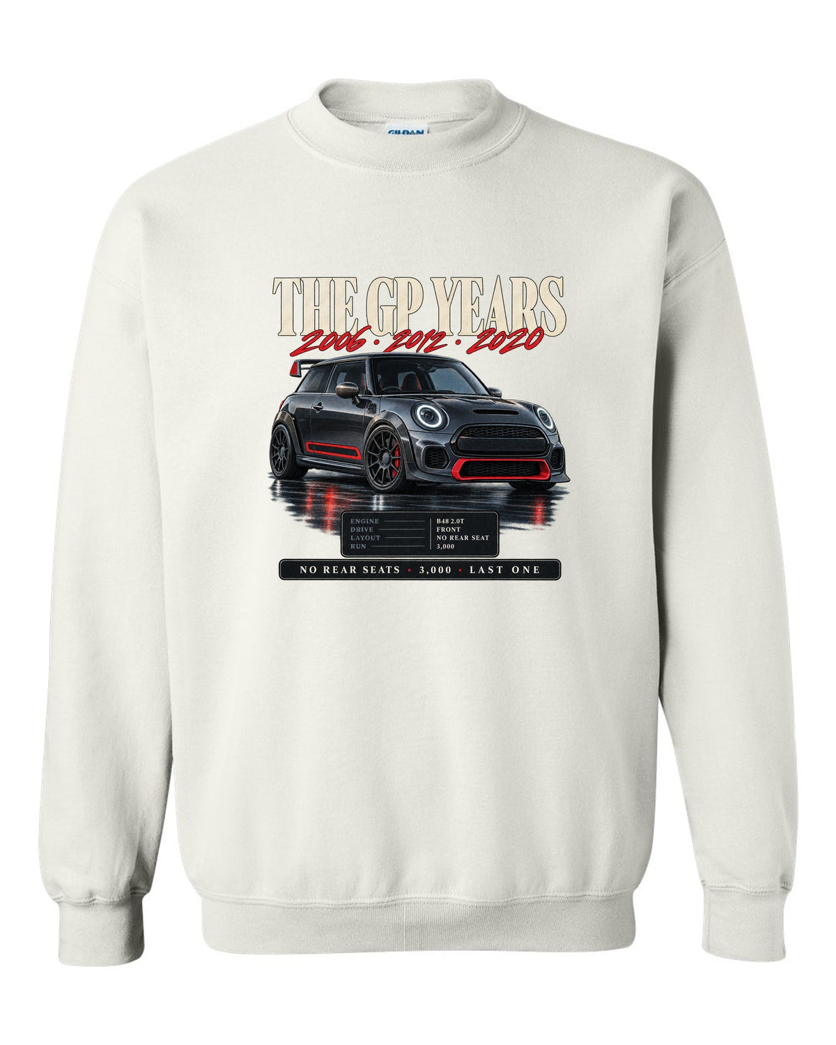 Archive panel print of a Mini Cooper JCW GP F56 with the years 2006, 2012 and 2020 white crewneck front view with the design