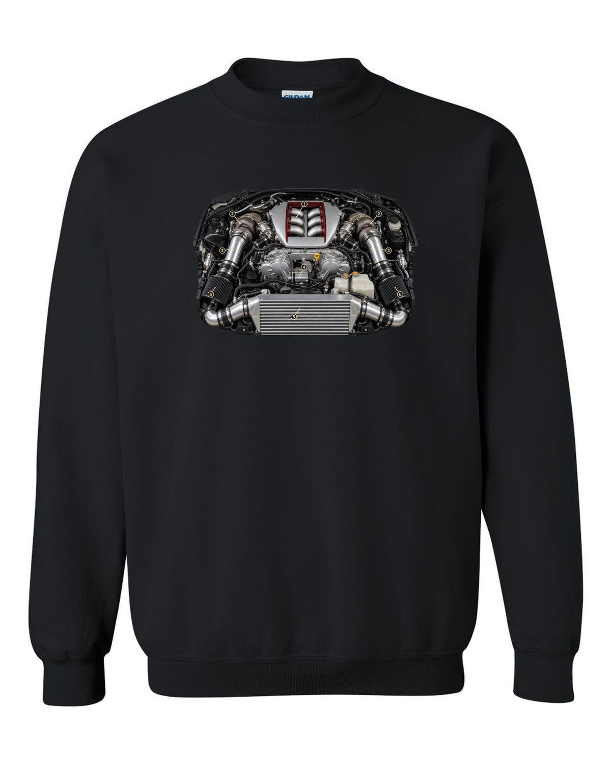 Nissan GT-R R35 early VR38DETT engine poster-style drawing black crewneck front view with the design