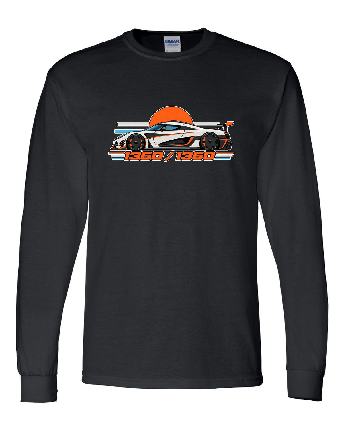 Minimal Swiss grid print for the Koenigsegg One:1 with 1360 over 1360 lettering black long sleeve front view with the design