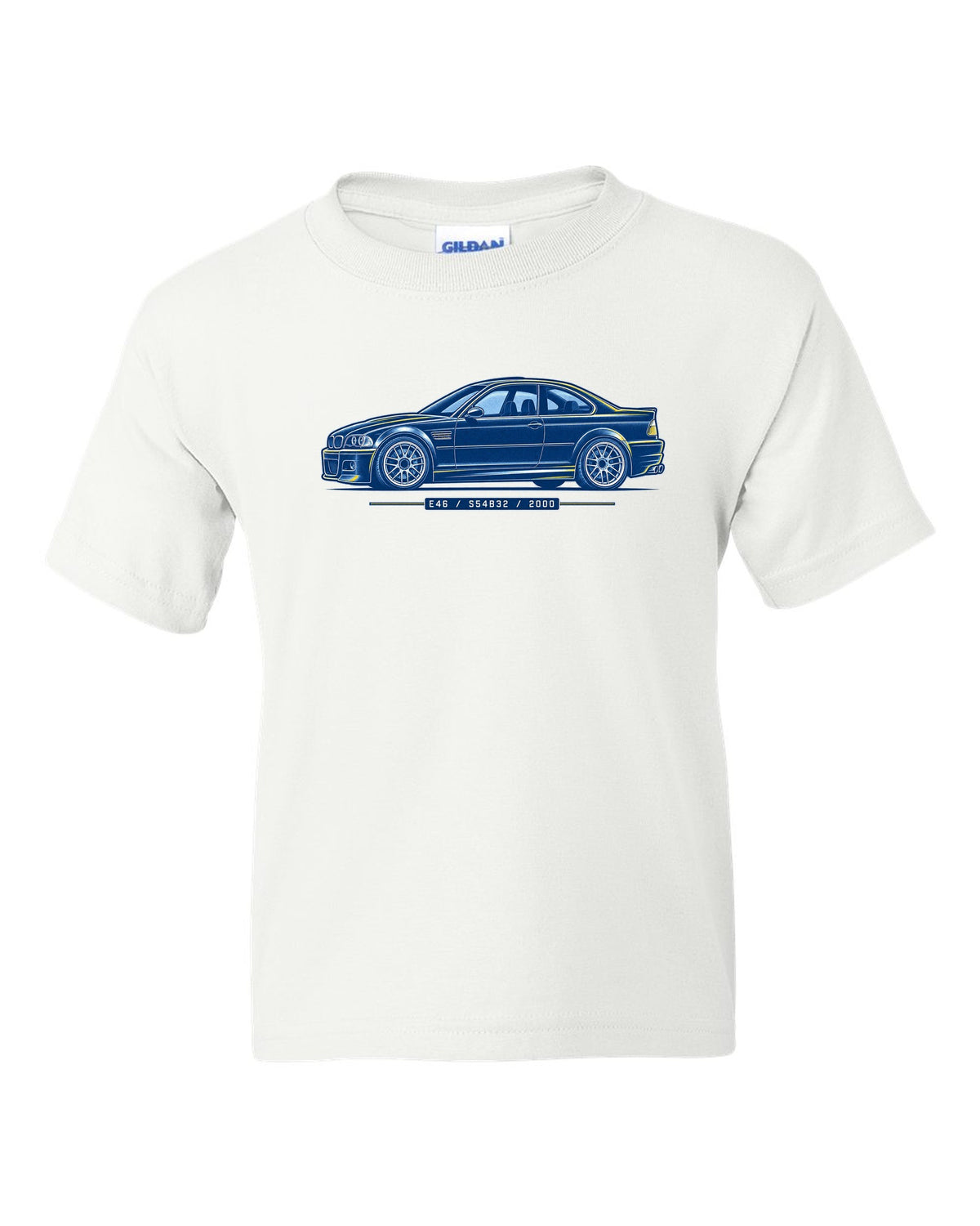 Cyanotype blueprint style print of a BMW E46 M3 coupe with E46 S54B32 2000 text white kids tee front view with the design