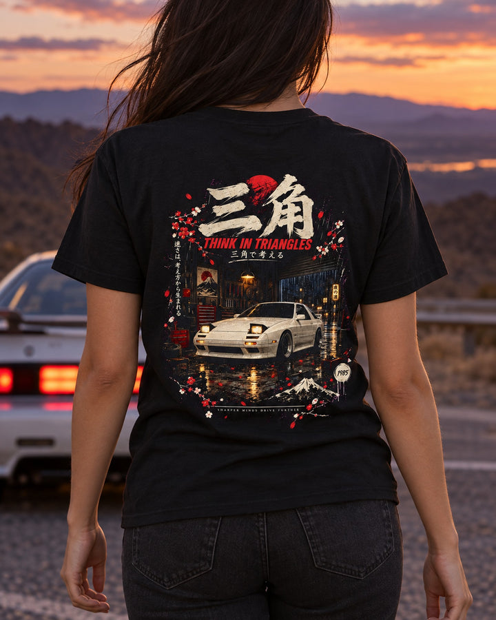 Mazda RX-7 FC Think In Triangles Shirt, Hoodie & More T-Shirt Black worn hero