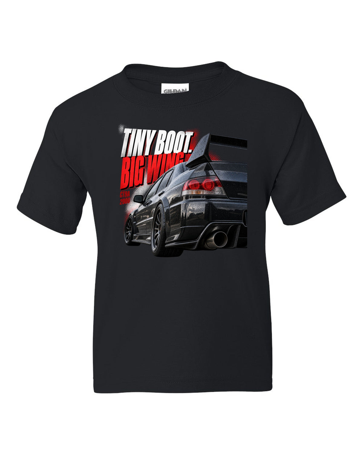 Tail macro print for the Mitsubishi Lancer Evolution IX CT9A reading Tiny Boot, Big Wing, CT9A, 2006 black kids tee front view with the design