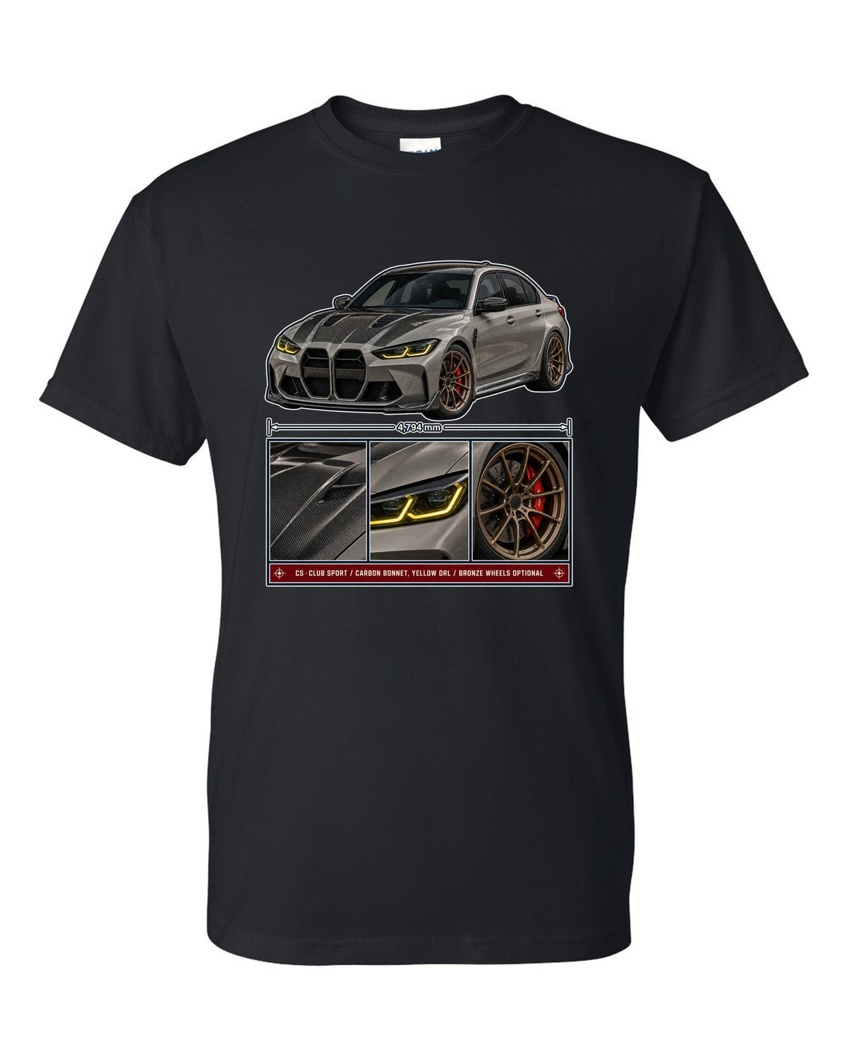 BMW M3 CS G80 dossier panels print design black t-shirt front view with the design