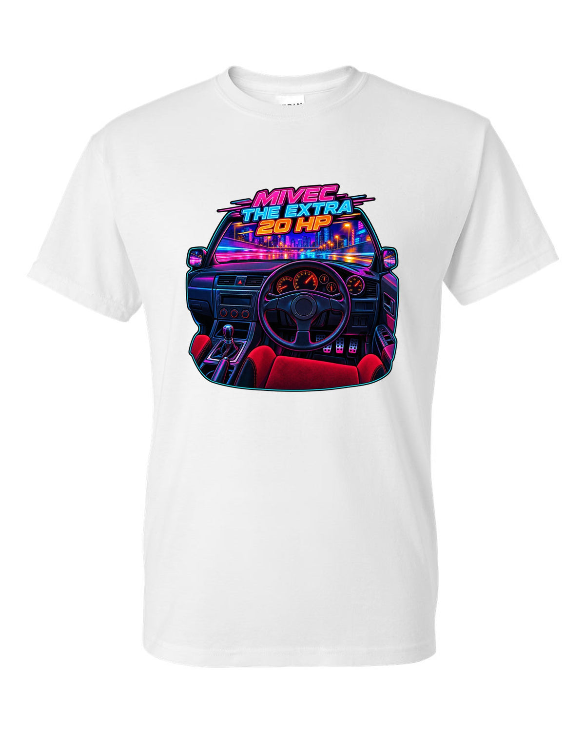 Neon cyberpunk gauge cluster cockpit of a Mitsubishi Lancer Evolution IX MR white t-shirt front view with the design