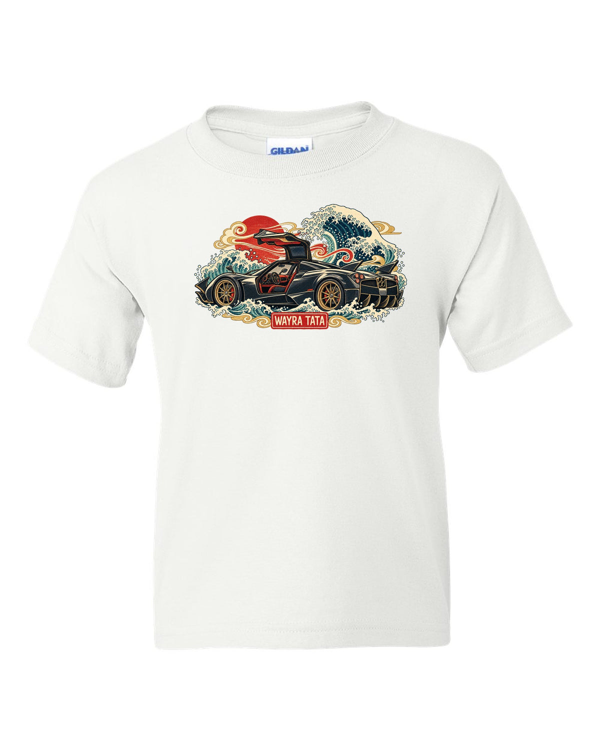 Ukiyo-e woodblock style print of a Pagani Huayra with Wayra Tata lettering white kids tee front view with the design