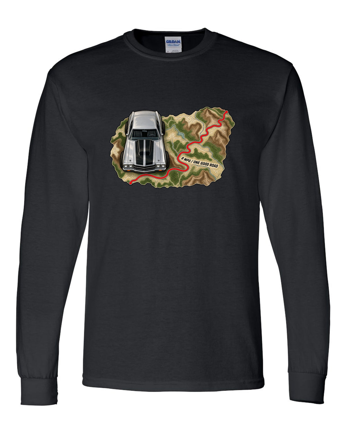 1970 Chevelle SS 454 on a topographic route map with the text 8 MPG One Good Road black long sleeve front view with the design