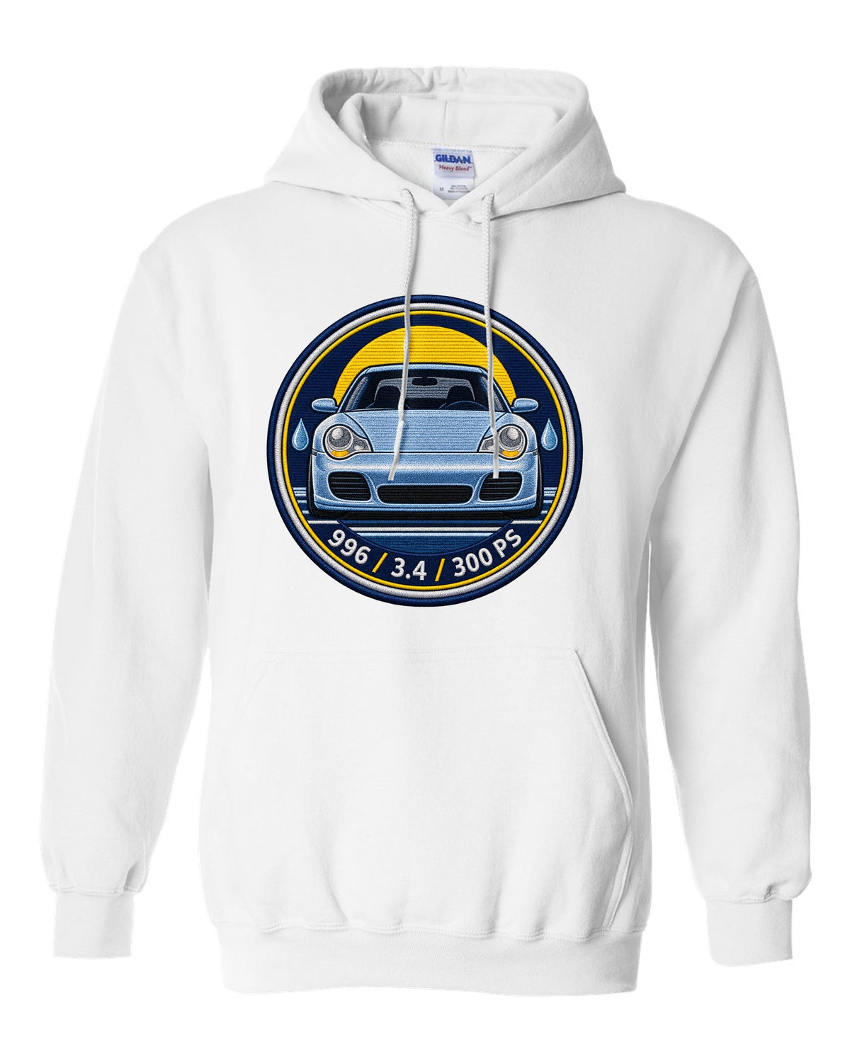 Round crest print of a 2004 Porsche 911 Carrera 997 with the text 997, 3.6 and 325 PS white pull over hoodie front view with the design