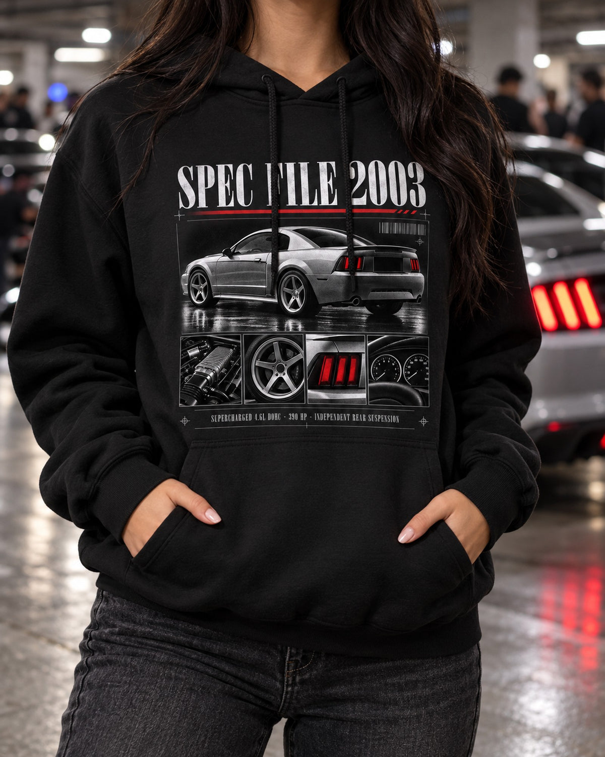 Ford Mustang SVT Cobra New Edge Spec File Shirt, 2003-04 Pull Over Hoodie Black worn hero
