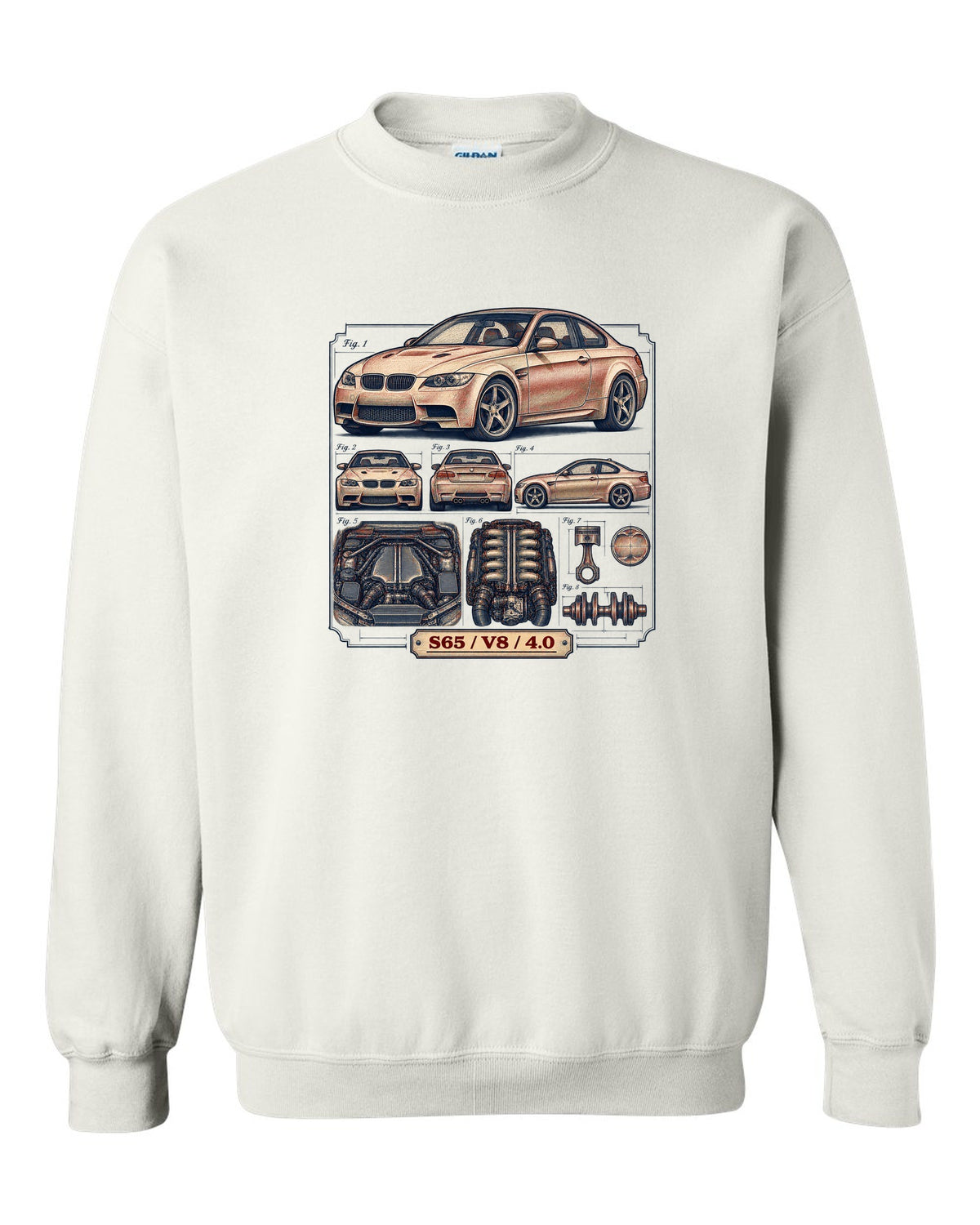 Blueprint patent line drawing of a BMW E92 M3 coupe with S65 V8 4.0 text white crewneck front view with the design